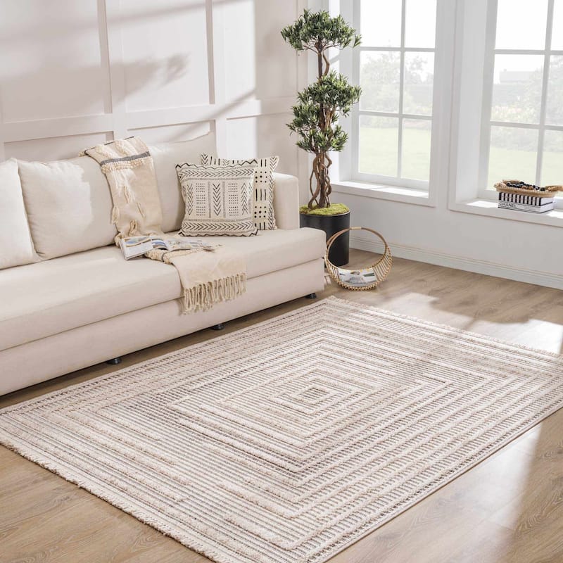 Hauteloom Lunao Hallway, Kitchen Runner Rug - Charcoal, Cream, Peach - 2'7" x 7'3" - 5'3" x 7' - Charcoal, Cream, Peach / Lunao