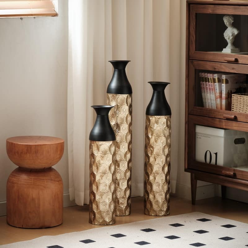 Set of 3 Glamorous Floor Vases, Gold & Black Textured Metal Cylinder Vases for Modern Home Decor (24.8", 29", 33.8" Heights)