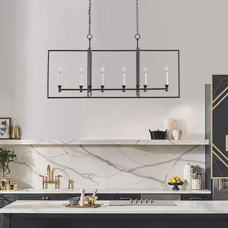 6-Lights Farmhouse Metal Frame Kitchen Island Lights - 48.5" D× 16.2" W× 86.6" H(Adjustable) - Black - 48.5" D× 16.2" W× 86.6" H(Adjustable)