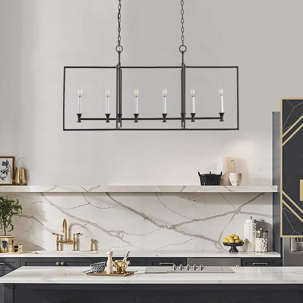 6-Lights Farmhouse Metal Frame Kitchen Island Lights - 48.5" D× 16.2" W× 86.6" H(Adjustable)