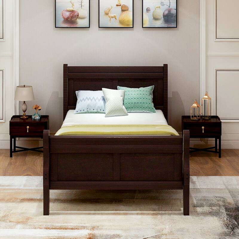 Classic Wood Platform Bed with Headboard and Footboard, Twin Bed Frame - Espresso - Twin