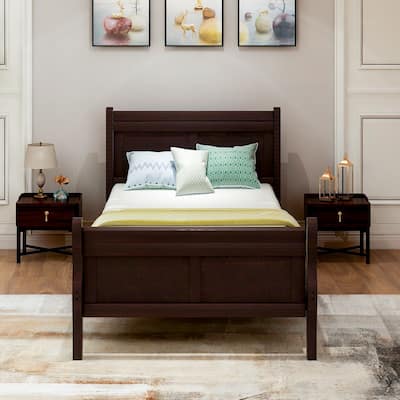Wood Platform Bed, Bed Frame Mattress Foundation Sleigh Bed with Headboard/Footboard/Wood Slat Support