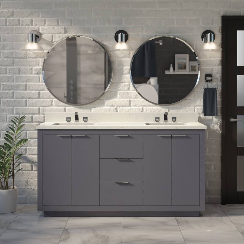 KitchenBathCollection Stockholm 60" Floating Wall-Mounted Double Bathroom Vanity with Engineered Marble Top - Marine Gray