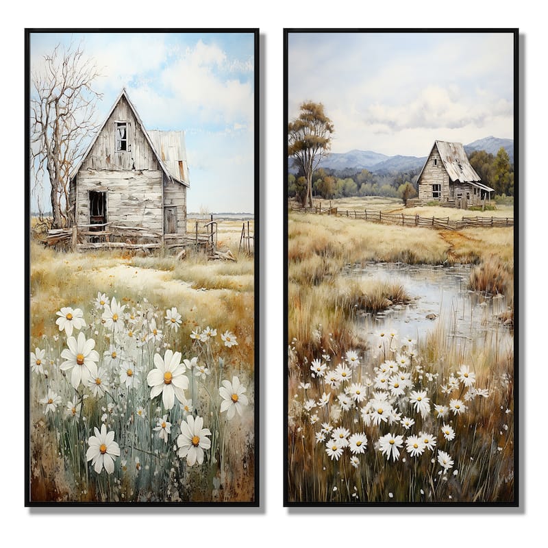 Designart "Farmhouse Quiet Retreat" Farm Framed Wall Art Set Of 2 - White Gallery Set For Office Decor