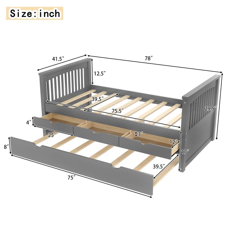 Twin Solid Wood Platform Bed with Drawers and Trundle, Space-Saving Daybed Frame with Storage, No Box Spring Needed