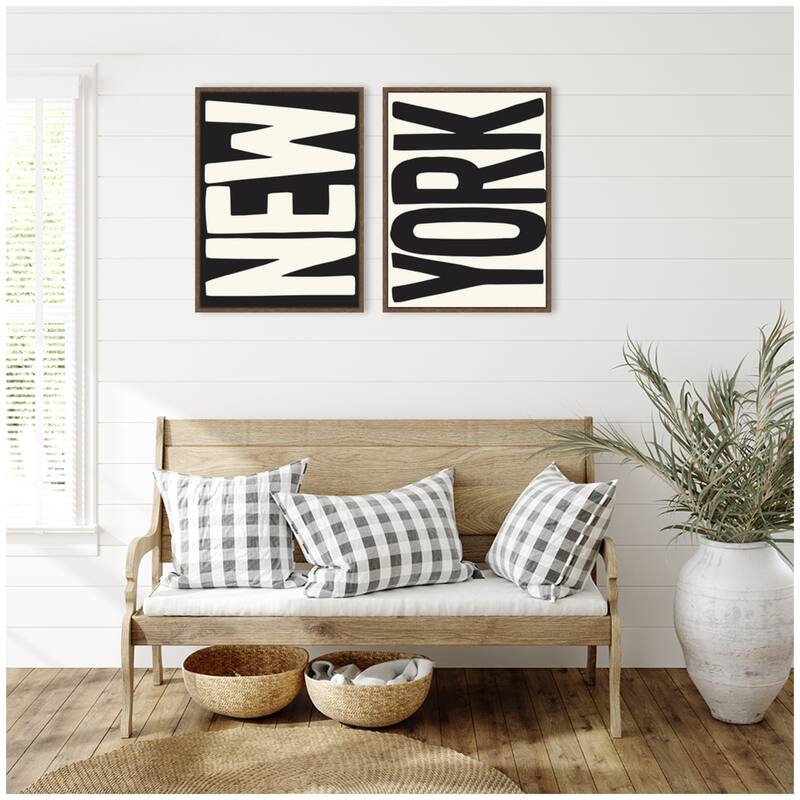Kate and Laurel New York Set Print Travel City Typography Black and White 2 Piece Framed Canvas Wall Art Set by Lucky Guava