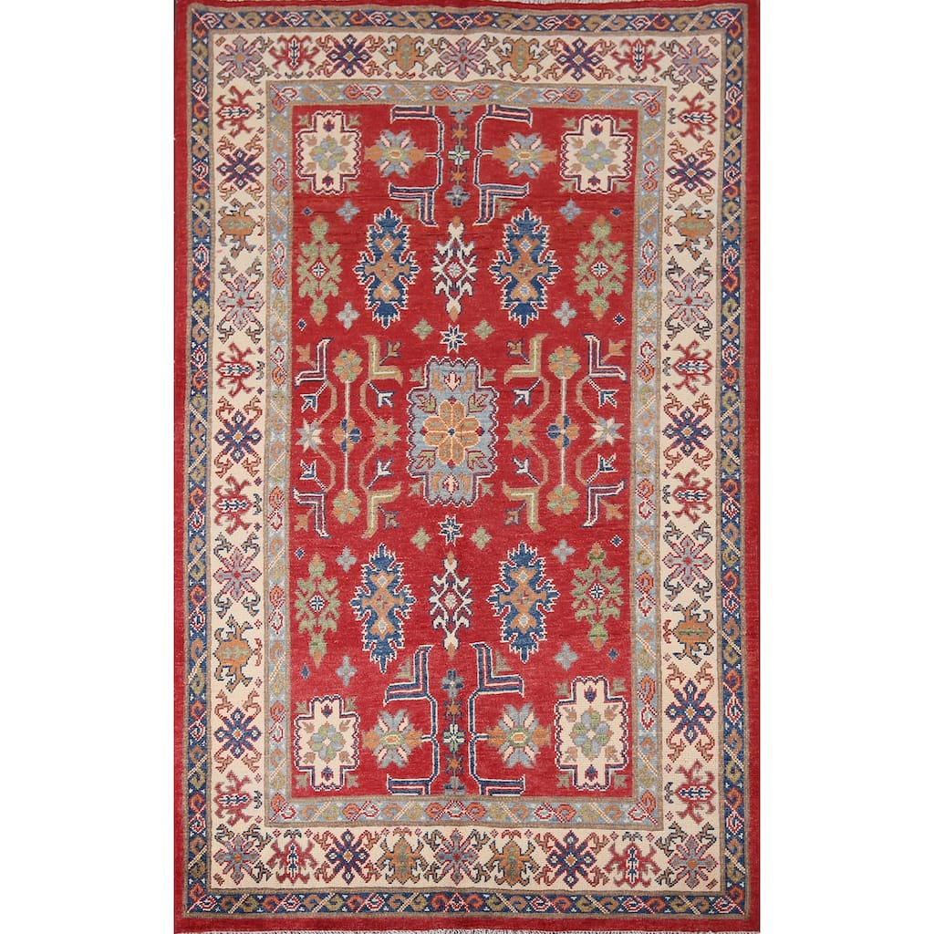 Geometric Kazak Accent Rug Handmade Wool Carpet - 4'0" x 6'2"