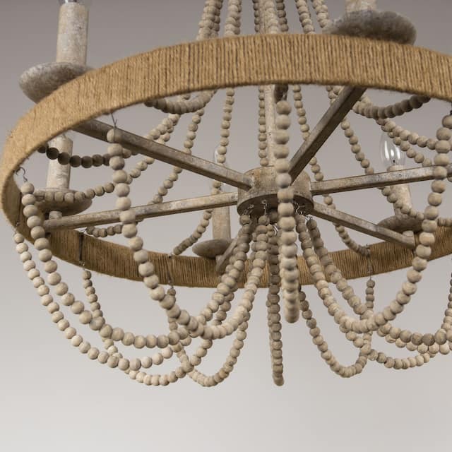 Aged Wood Beaded 6-Light Candle Chandelier