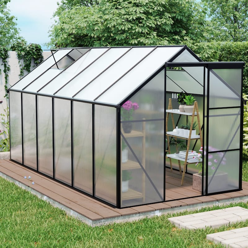 GDF Studio - Laussat Outdoor Aluminum Polycarbonate Greenhouse with Raised Base and Walk-In Design