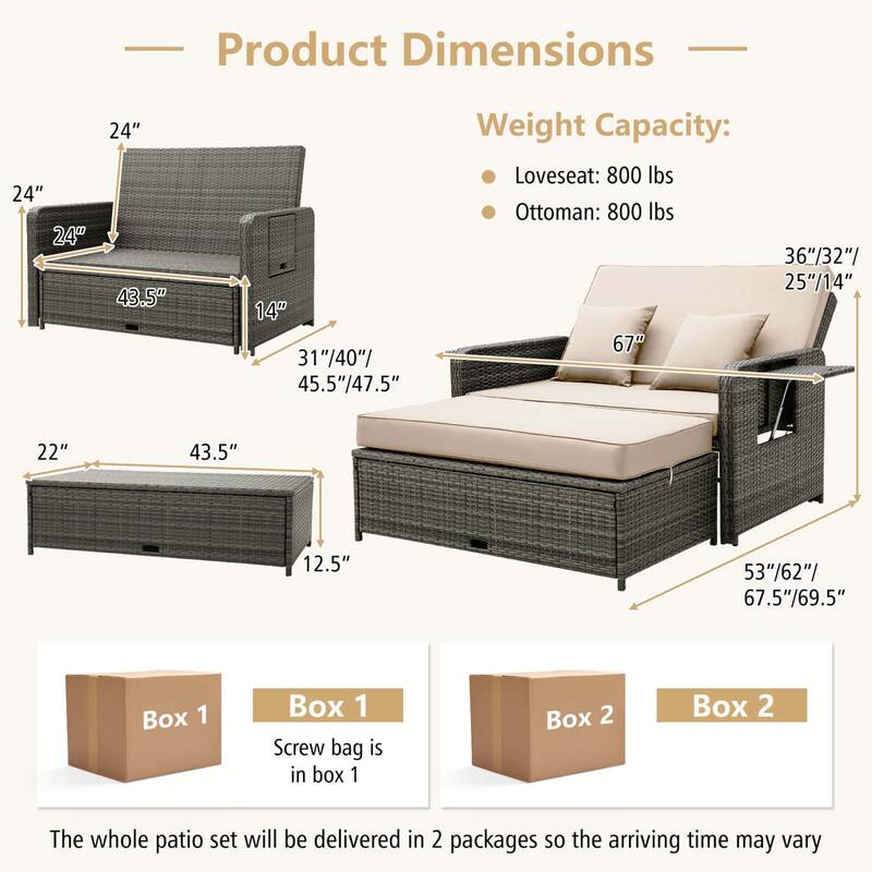 Gymax Rattan Daybed Wicker Loveseat Sofa Set w/ Ottoman & Retractable