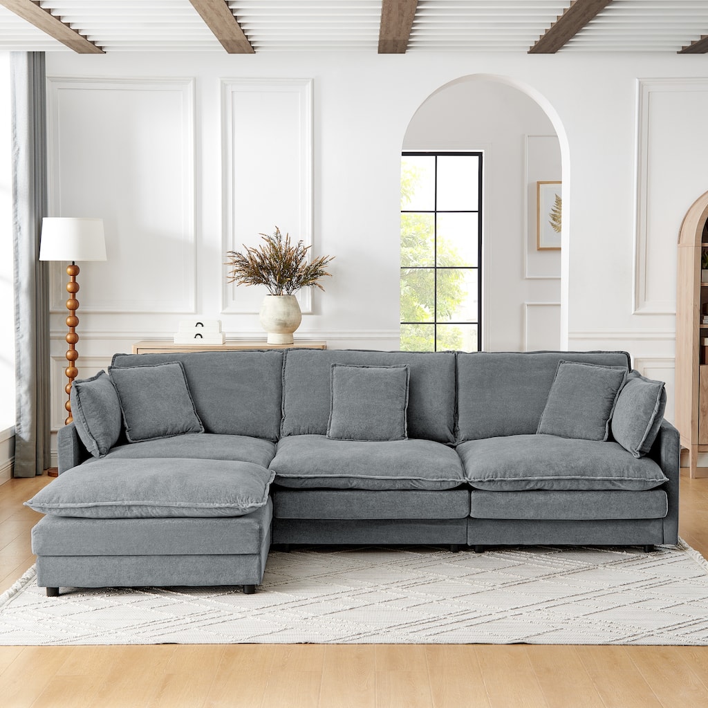 Classic Sectional Sofa with Storage Ottoman and Towel Fabric Upholstery for Living Room or Guest Room