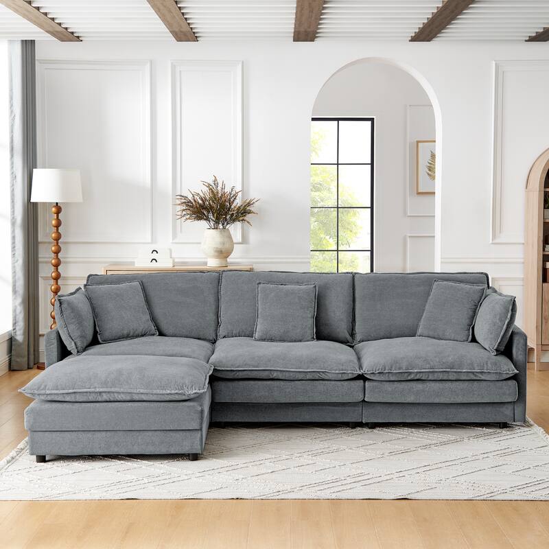 Roomfitters Modular L-Shaped Sectional Sofa with Ottoman, Plush Towel Fabric 4-Seater - Grey