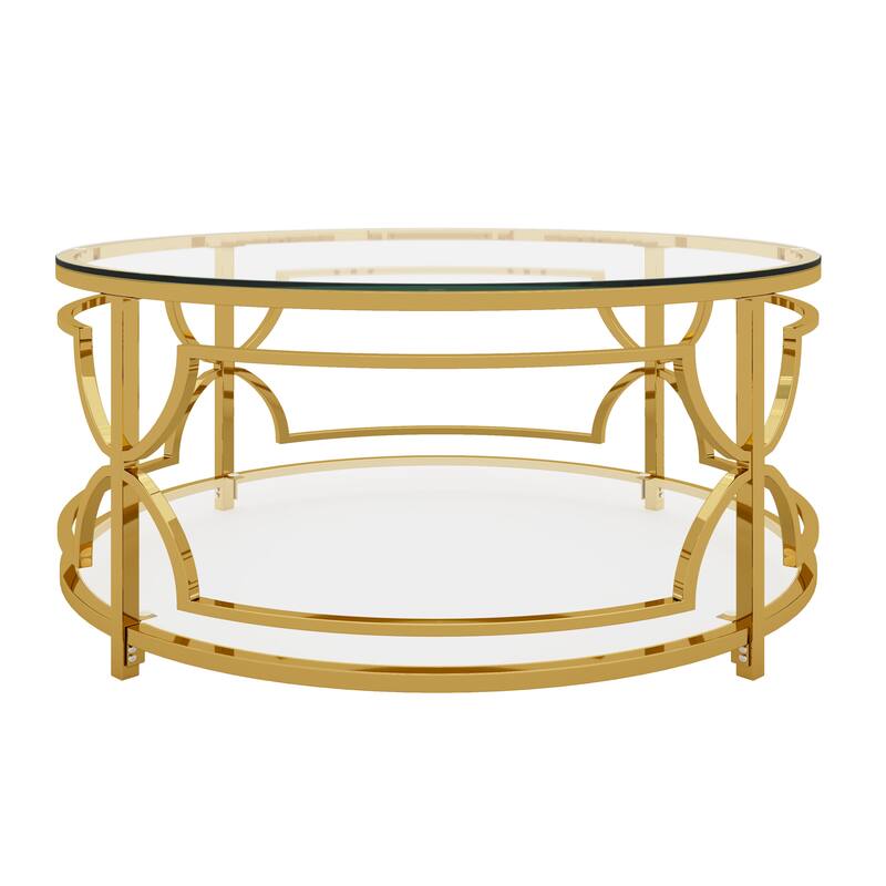 Round Glass Coffee Table with Luxurious Geometric Metal Frame by Harper&Bright Designs