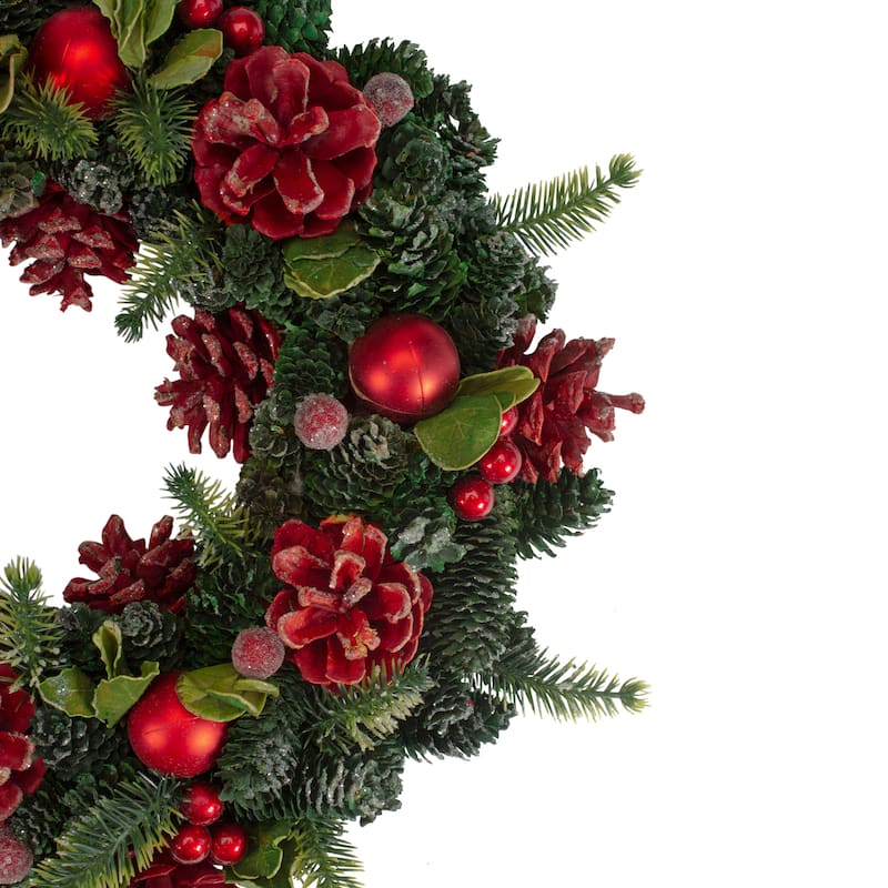 13" Red and Green Pine Cones and Ornaments Christmas Wreath
