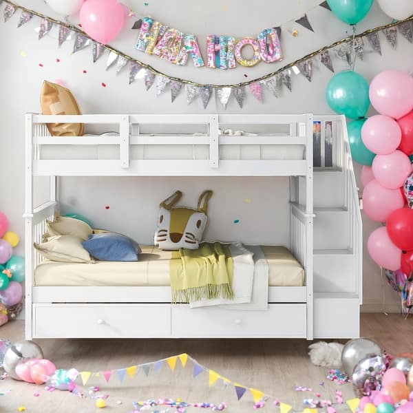 slide 2 of 16, Twin Over Twin Bunk Bed with Twin size Trundle For Bedroom White
