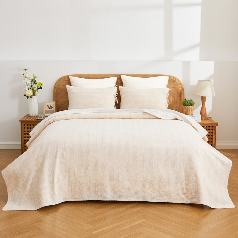 Melange Hand Craft Kantha Collection Soild Reversible Coverlet and Sham - Stone Coverlet Only - Queen - 1 Piece