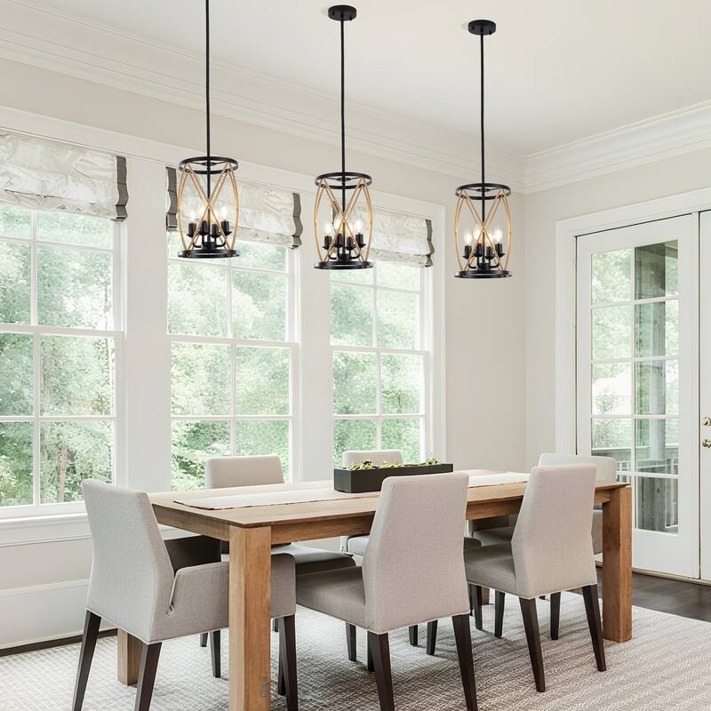 Rustic Rope - Wrapped 4 - Light E12 Pendant Chandelier, Adjustable Height with 3 Rods, Black Metal Frame - Matte Black