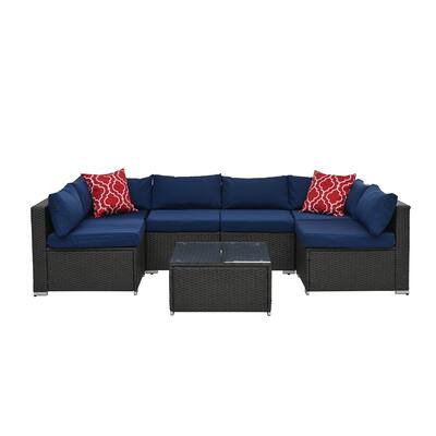 7-Pcs Outdoor Rattan Sectional Sofa Couch with Coffee Table & Cushions