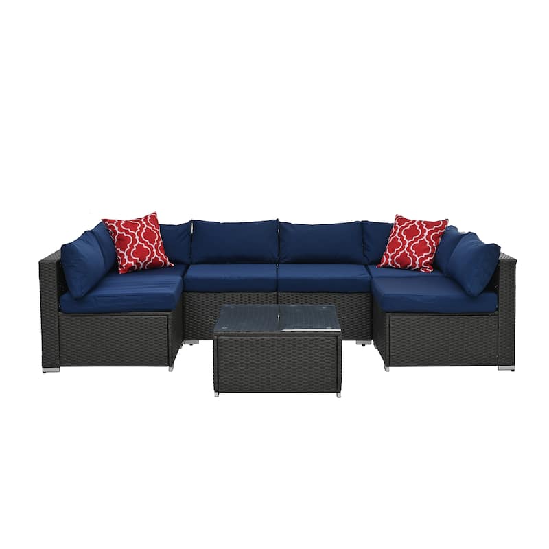 GDFStudio - Lisbon 7-Piece Outdoor PE Rattan Patio Set with Cushions and Square Tempered Glass Table, Seats 6 - Blue