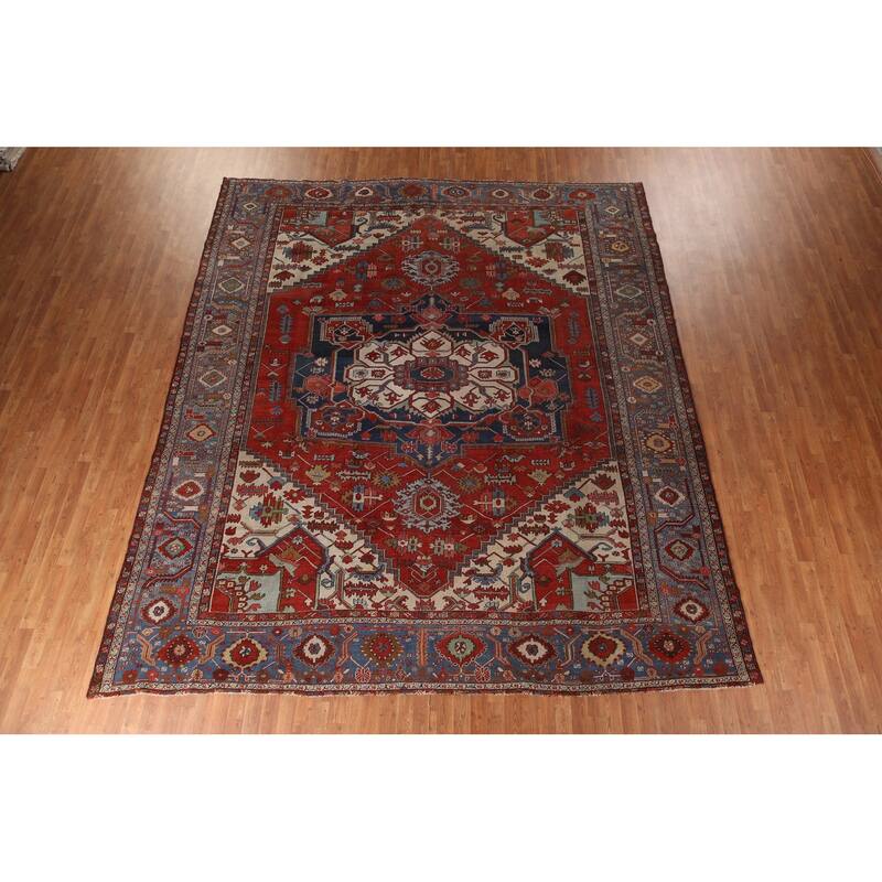 Pre-1900 Antique Heriz Serapi Persian Rug Handmade Wool Carpet - 11'0" x 12'10"