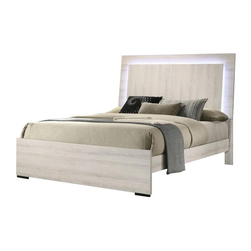 Hyao Queen Size Bed w LED on Headboard, Antique White Wash Finsih