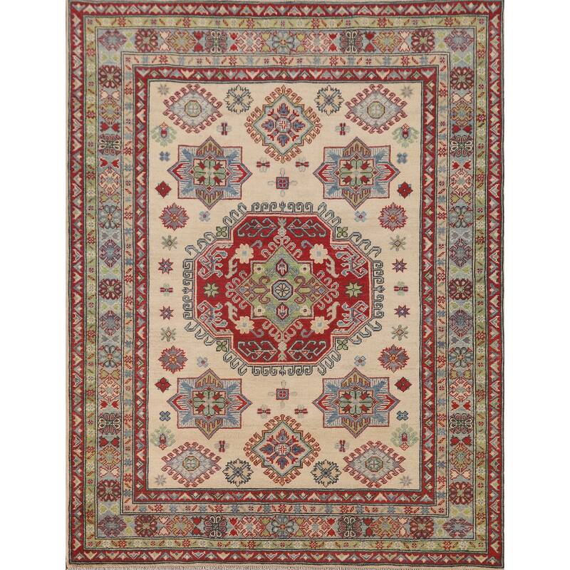 Geometric Beige Kazak Area Rug Handmade Wool Carpet - 5'1" x 6'4"