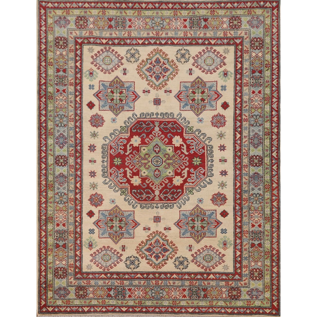 Geometric Beige Kazak Area Rug Handmade Wool Carpet - 5'1" x 6'4"