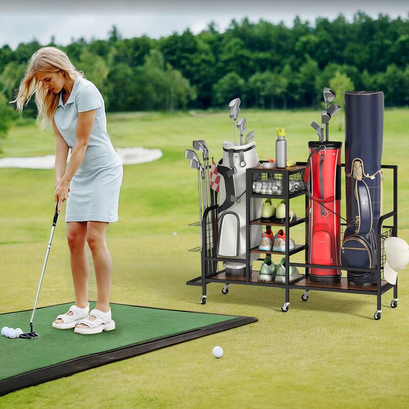 Multi-Functional Golf Bag Organizer for Garage with Wheels & Hooks