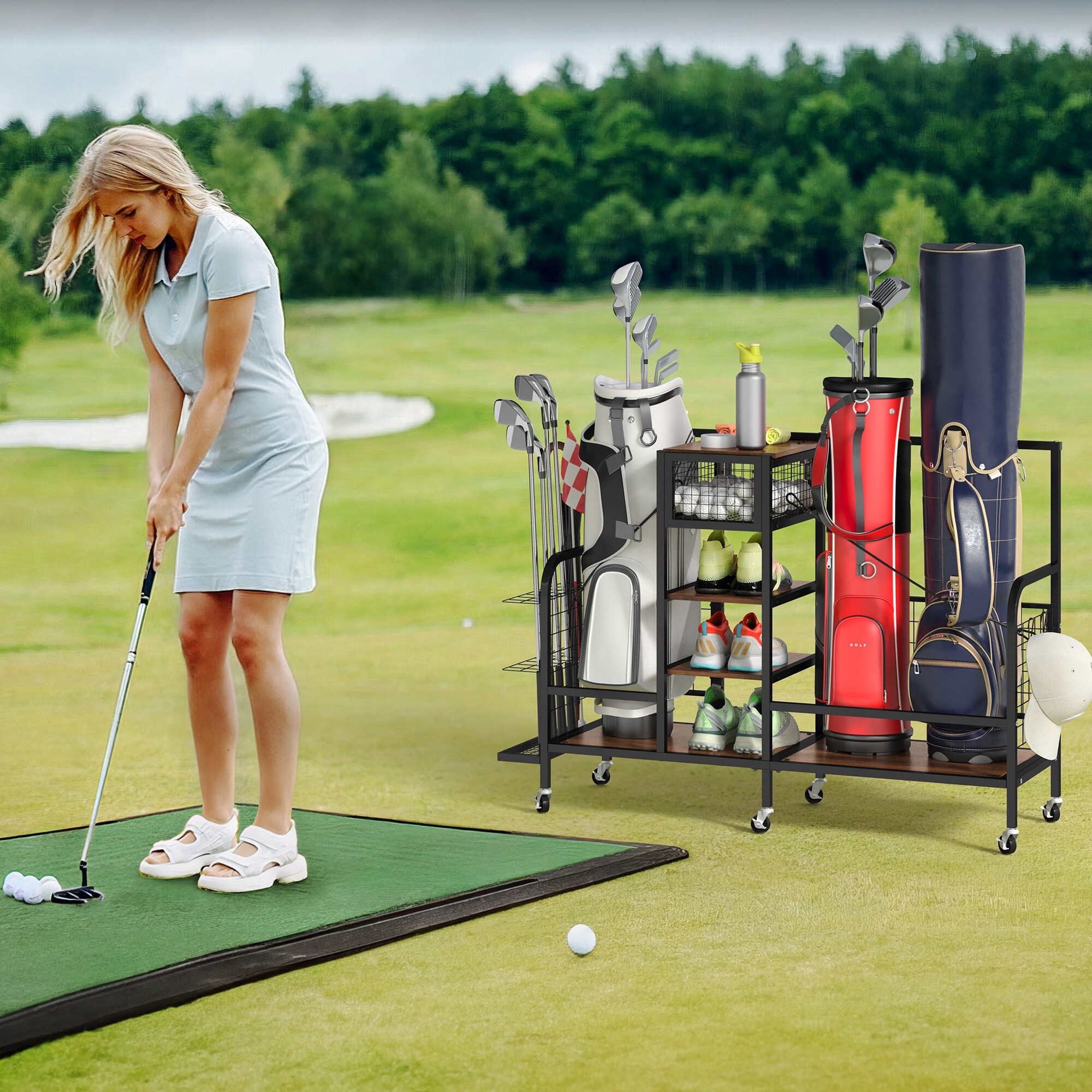 Multi-Functional Golf Bag Organizer for Garage with Wheels & Hooks