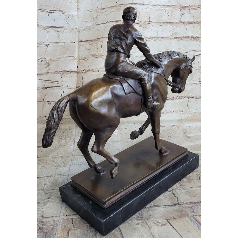 Signed Original Jockey With Horse Bronze Marble Base Hot Cast Sculpture Figure