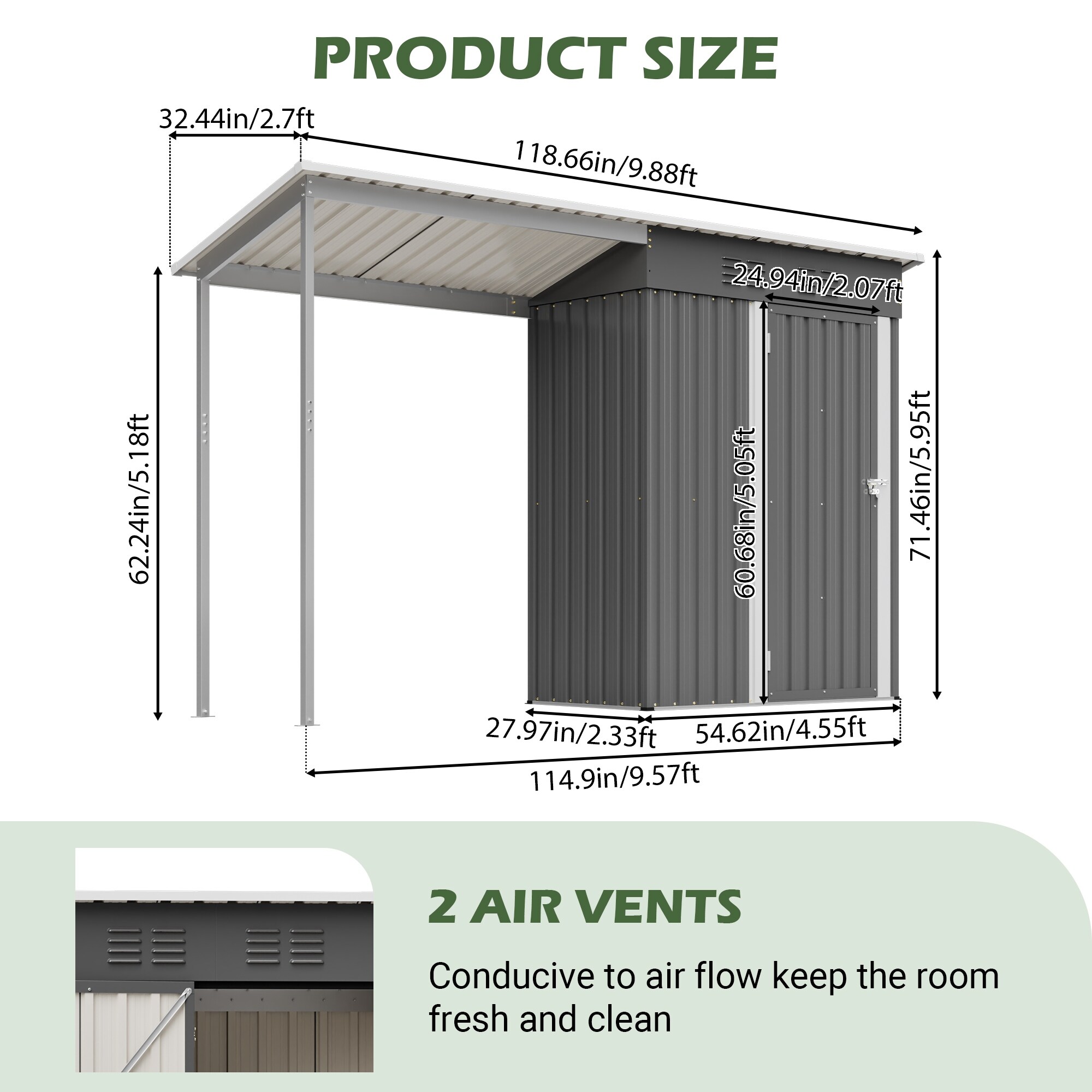 5x3 FT Galvanized Steel Shed and Gazebo Combo, Lean-To Storage