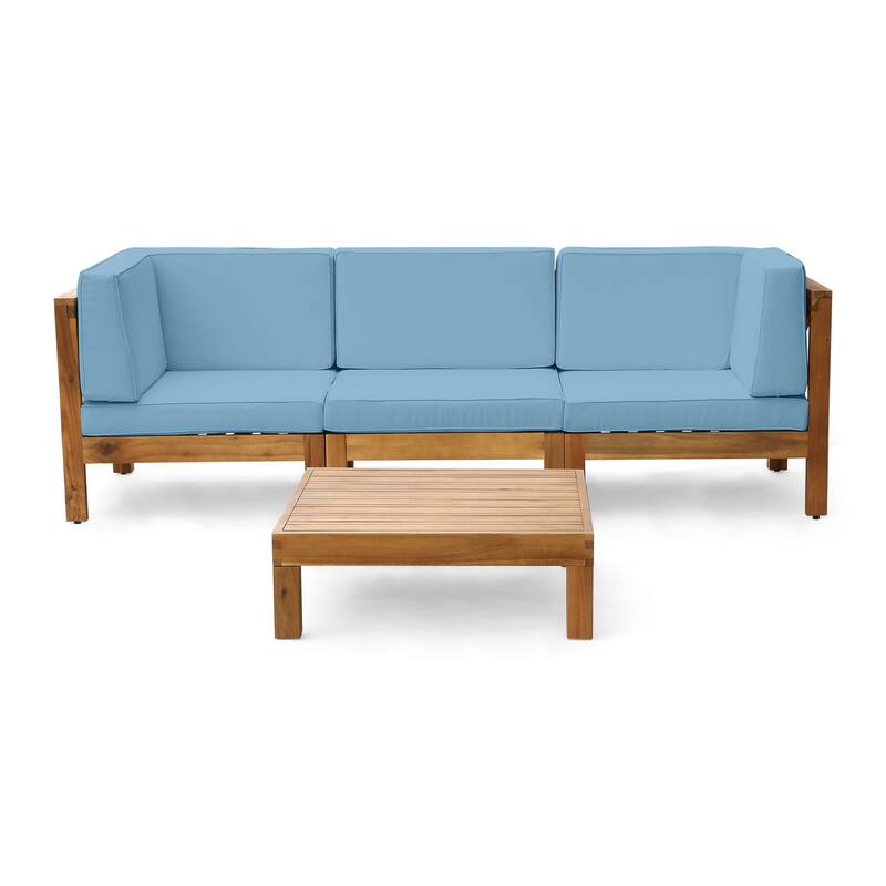 Brava Outdoor 3-Seater Acacia Wood Sectional Sofa Set with Coffee Table and Cushions by Christopher Knight Home - teak + blue cuhsion