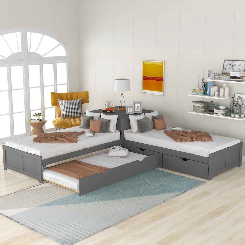L-Shaped Platform Bed With Trundle And Drawers Linked With Built-In Desk,Twin