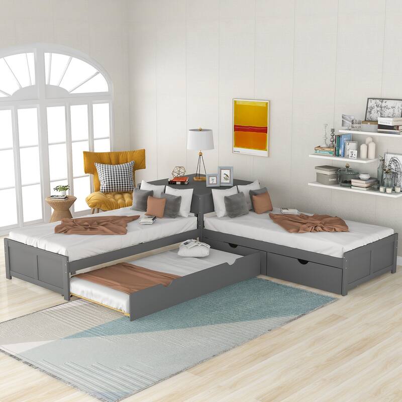 Twin Size Platform Bed with Built-in Desk and Drawers Linked, L-Shaped Trundle, Wooden Support Bed Frame No Box Spring Needed
