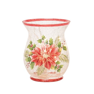Transpac Glass 5.91 in. Multicolored Christmas Light Up Poinsettia Hurricane
