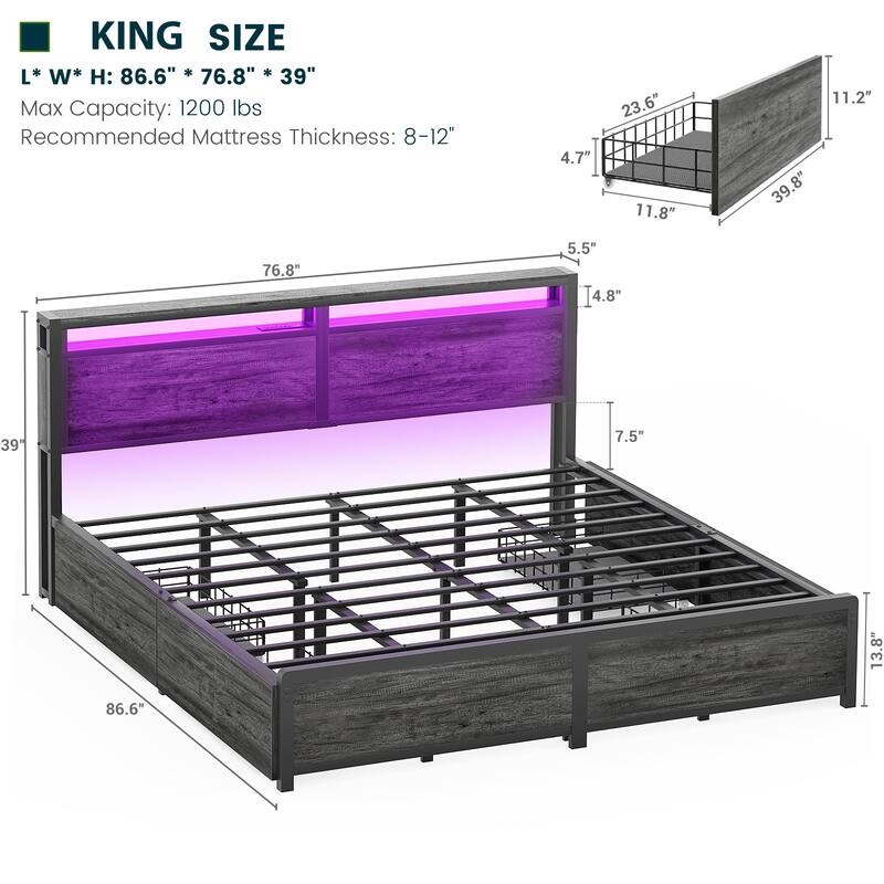 Platform Bed with Hiden Drawers, Bed Frame with Headboard and Charging Station