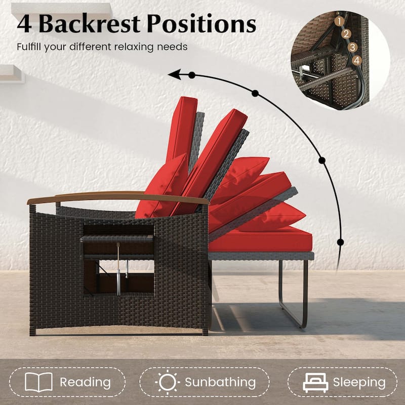 Patio Rattan Daybed Set with Cushioned Loveseat & Storage Ottoman