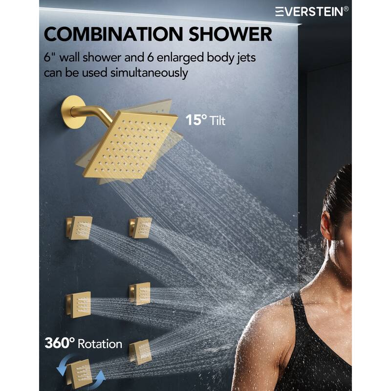 Shower Faucet Set Dual Heads with 3 Spray Modes 16" Ceiling and 6" Wall Mount Body Jets Handheld Spray LED Music
