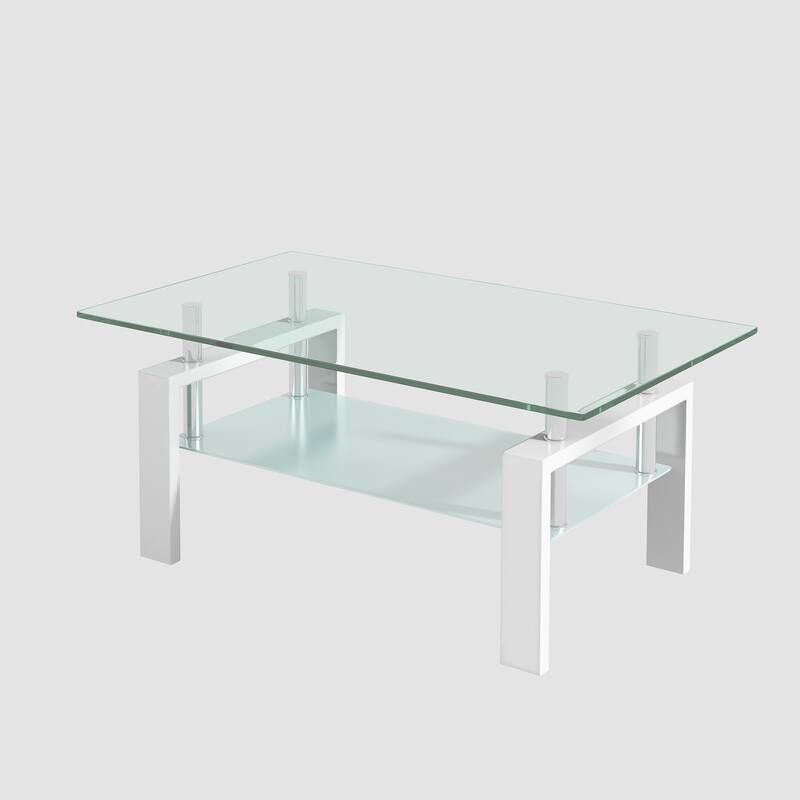 Tempered Clear Glass Coffee Table, 2-Layers Coffee Table Living Room Center Table - Clear