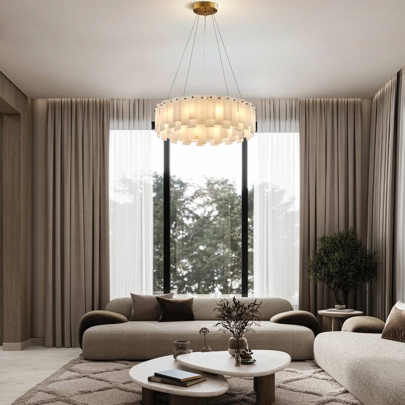 Modern Layered Alabaster Slice Chandelier, Round or Linear Pendant Light, D600-L1200 - Gold