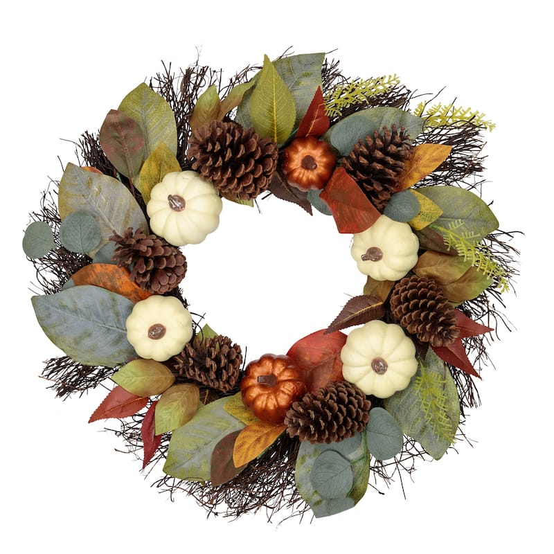 Autumn Harvest Pumpkin Pinecone and Gourd Grapevine Artificial Wreath - 24-Inch Unlit