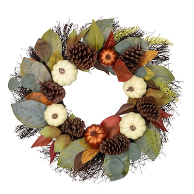 Autumn Harvest Pumpkin Pinecone and Gourd Grapevine Artificial Wreath - 24-Inch Unlit