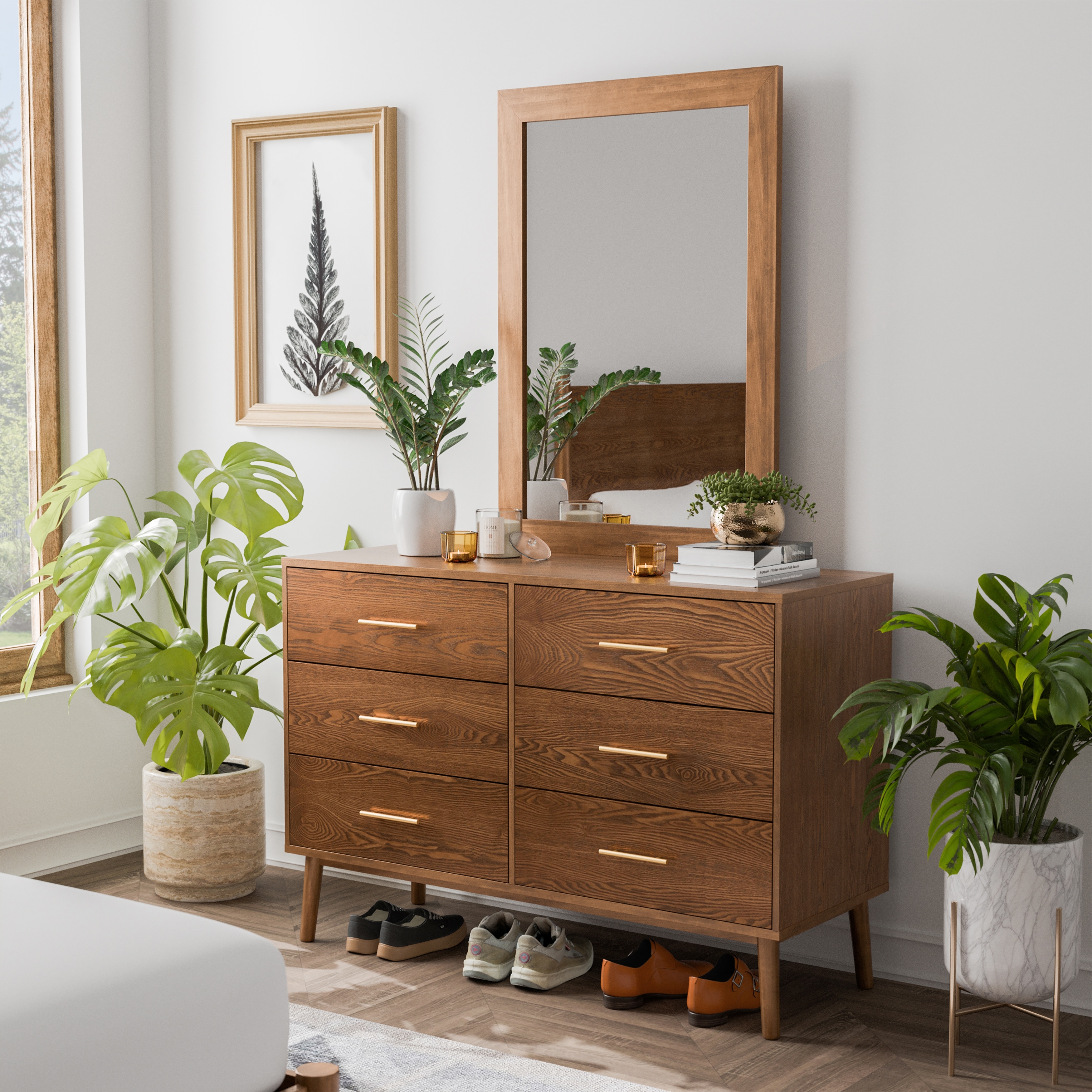 Furniture of America Beau Midcentury Walnut Dresser and Mirror Set