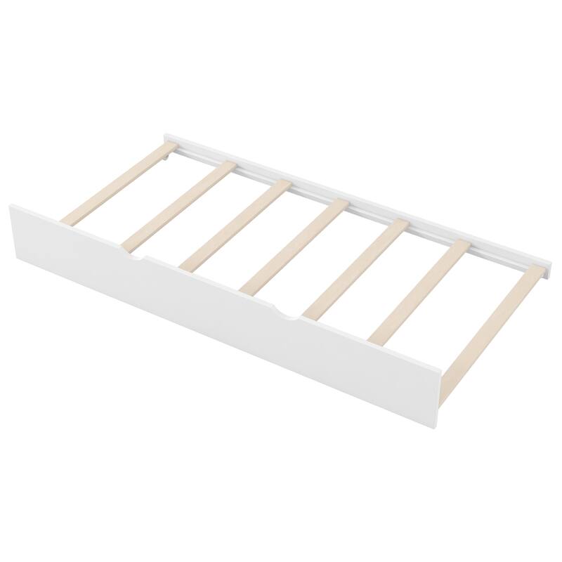 GDFStudio - Wood Twin Platform Bed with Guardrail, Trundle and Storage, Walnut