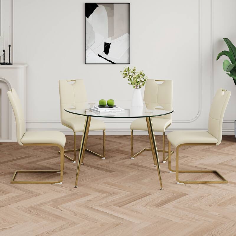 47.2" Luxury Glass Dining Table Set for 4, Circle Kitchen Table with 4 PU Chairs, 5-Piece Modern Dining Table and Chair Set
