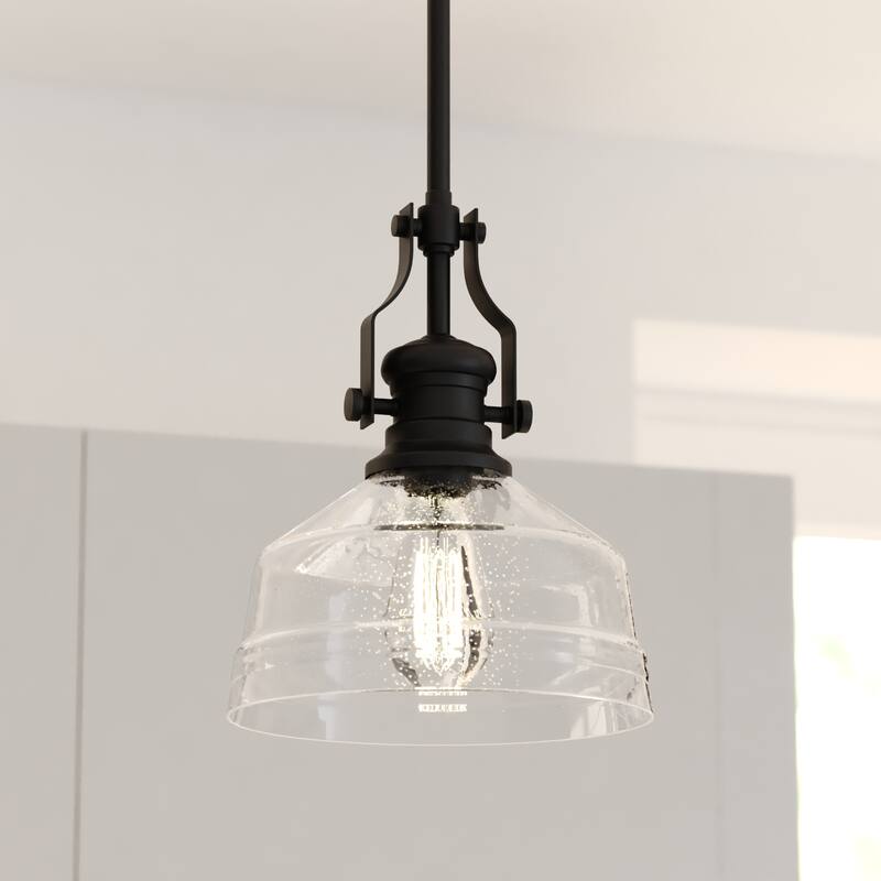 Beloit Farmhouse Kitchen Island Mini Pendant Ceiling Light Clear Seeded Glass - 9-in W x 20.25-in H x 9-in D - Matte Black
