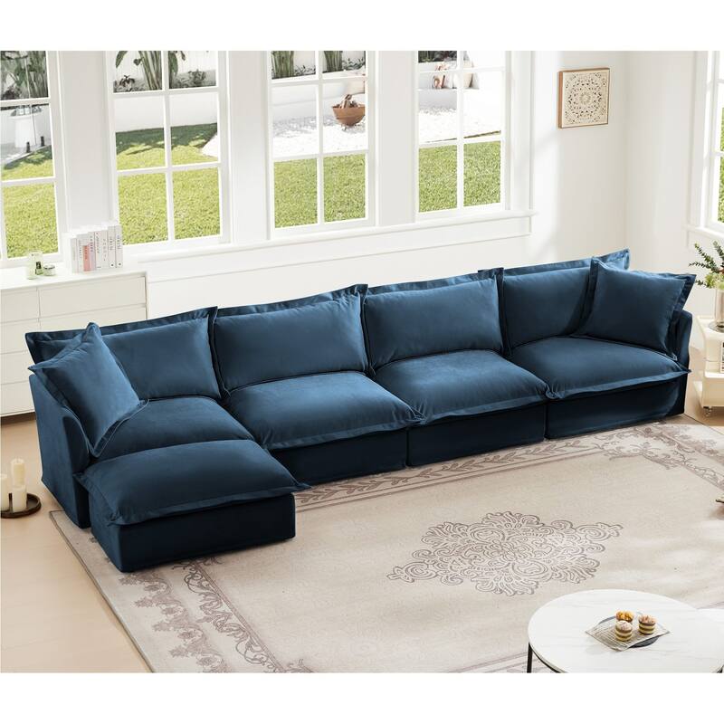 Modern 4 Seater Upholstered Sofa with 1 Ottoman and 2 Pillows