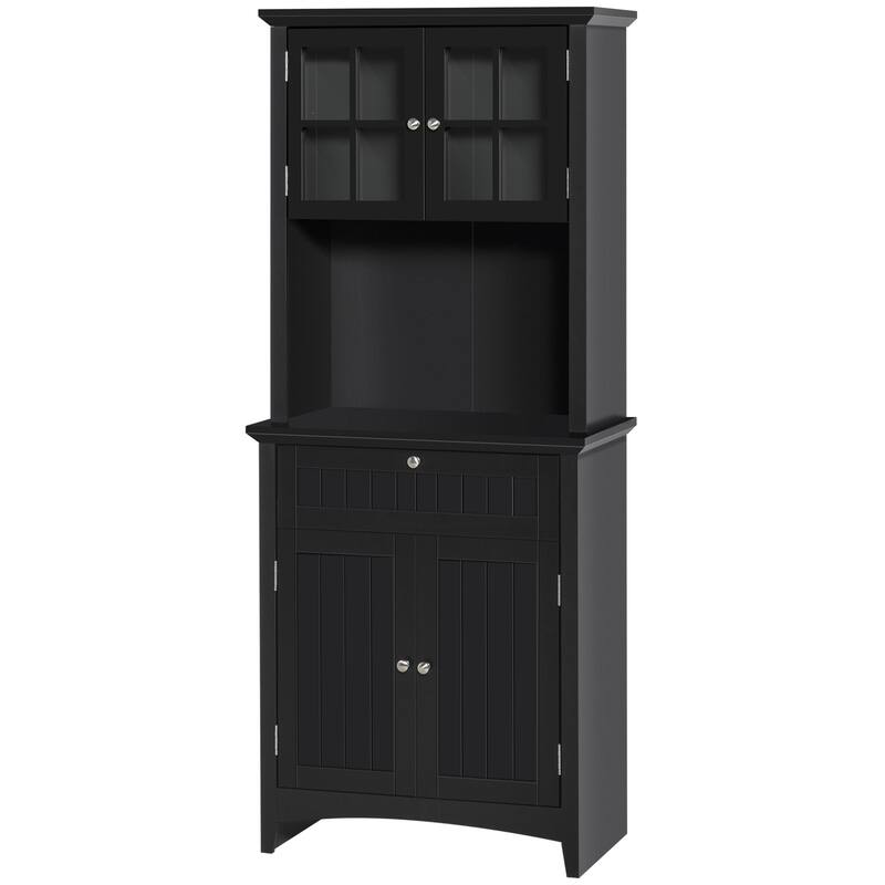 Kitchen Pantry Storage Cabinet with Framed Glass Door Drawer and Microwave Space