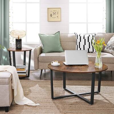 Industrial Side Table, Metal Side Table, Round Sofa Table with Storage Shelf
