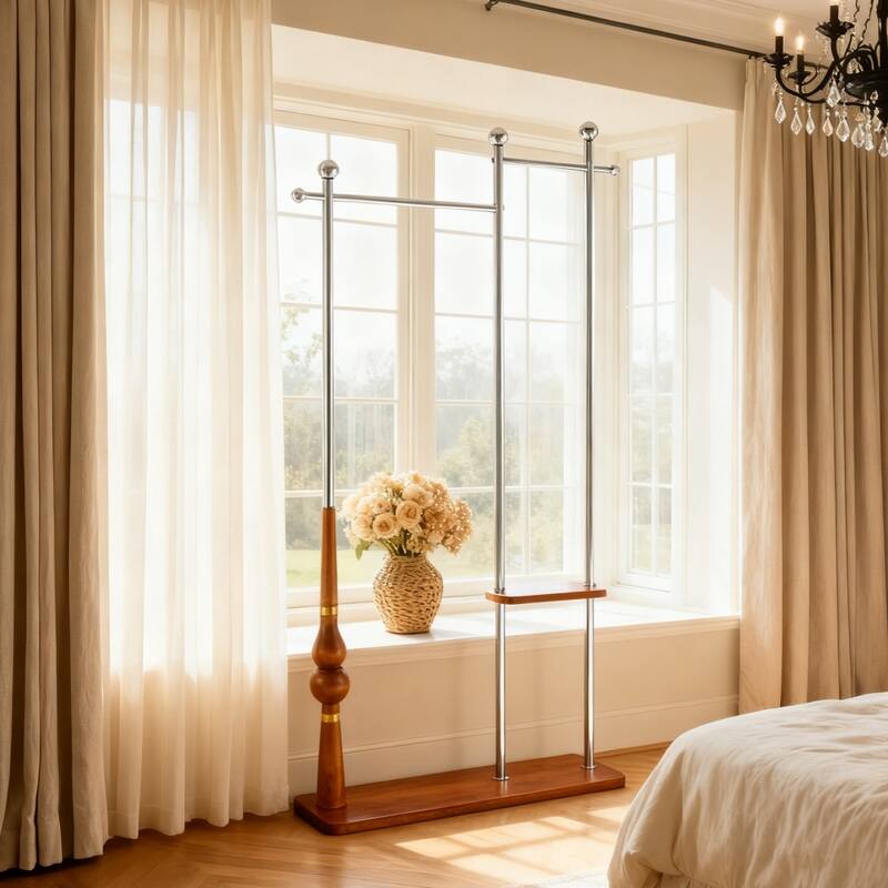 Industrial Coat Rack, Solid Wood and Stainless Steel Coat Stand with 2 Layer Storage, for Coats and Hats - Beige